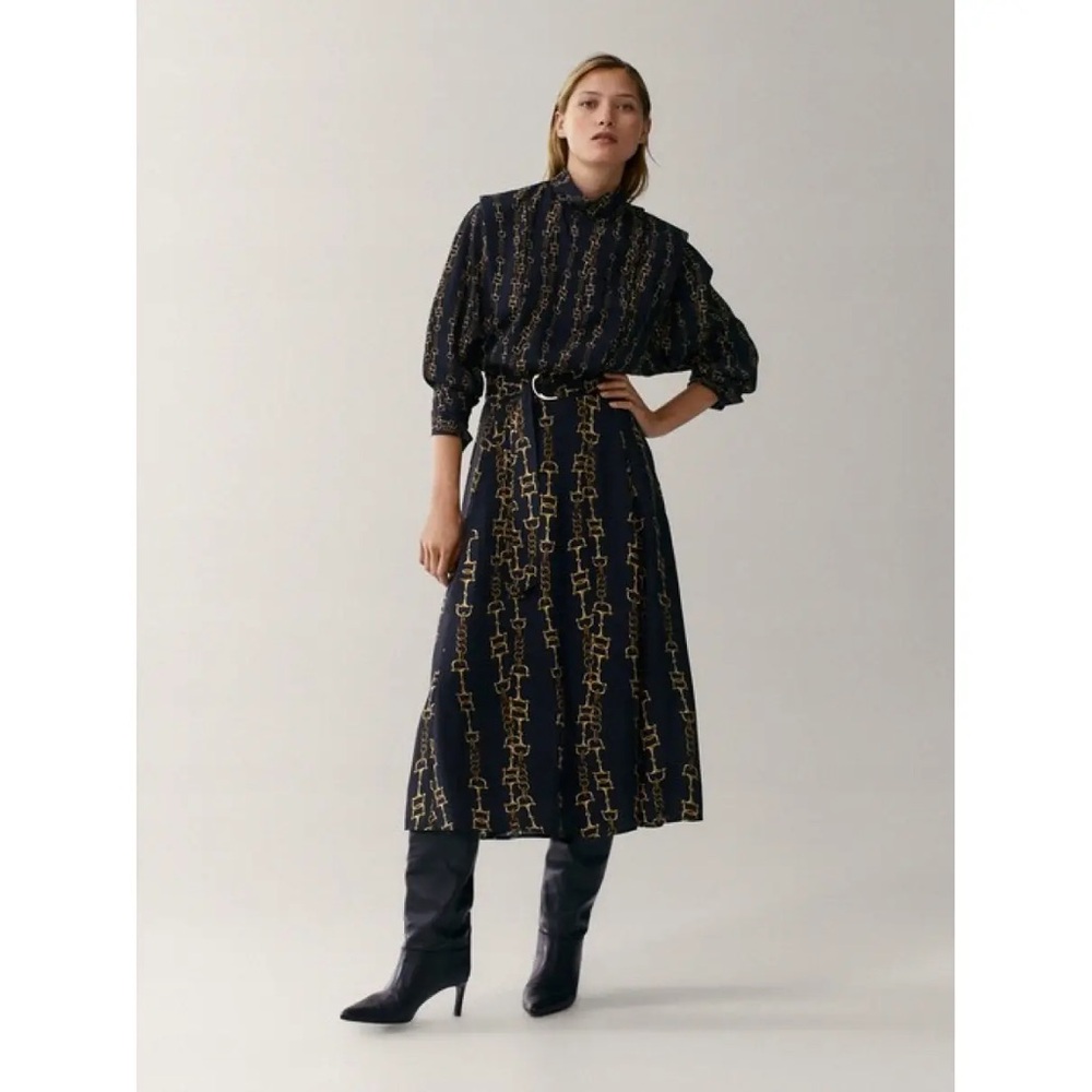 Massimo Dutti Navy Dress with Gold Chain Print